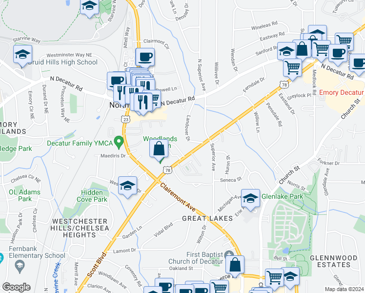 map of restaurants, bars, coffee shops, grocery stores, and more near 1020 Scott Boulevard in Decatur