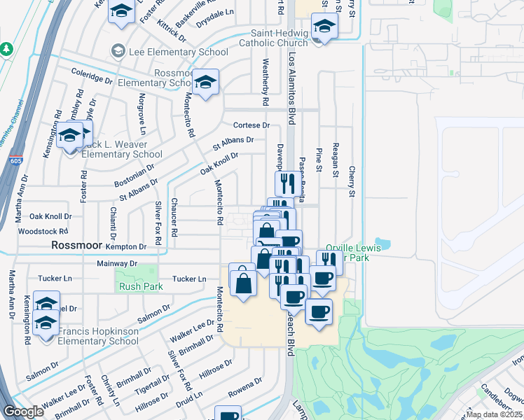 map of restaurants, bars, coffee shops, grocery stores, and more near 25 Bradbury Road in Rossmoor