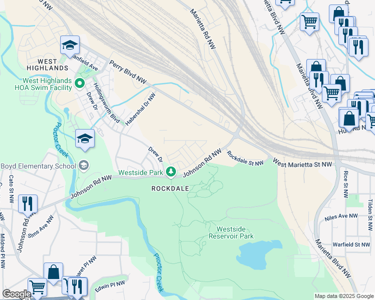 map of restaurants, bars, coffee shops, grocery stores, and more near 1592 Driggs Drive Northwest in Atlanta