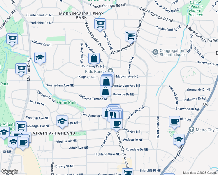 map of restaurants, bars, coffee shops, grocery stores, and more near 1196 North Highland Avenue Northeast in Atlanta