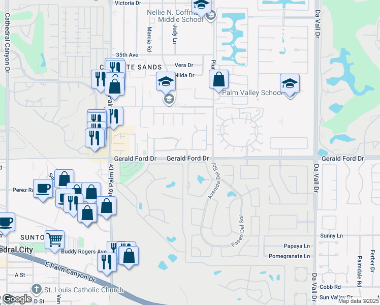 map of restaurants, bars, coffee shops, grocery stores, and more near 69411 Camino Bonita in Cathedral City