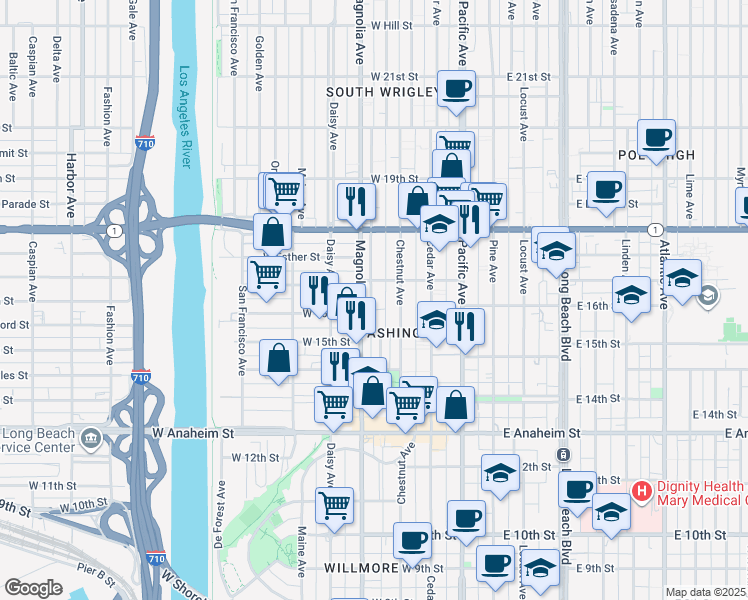 map of restaurants, bars, coffee shops, grocery stores, and more near 1629 Chestnut Avenue in Long Beach