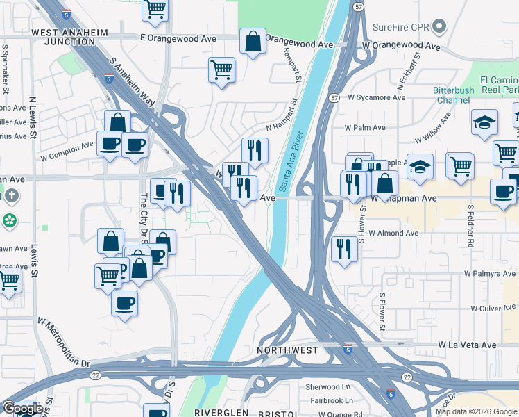 map of restaurants, bars, coffee shops, grocery stores, and more near 2929 West Chapman Avenue in Orange