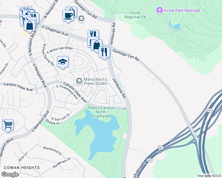map of restaurants, bars, coffee shops, grocery stores, and more near 145 South Cross Creek Road in Orange