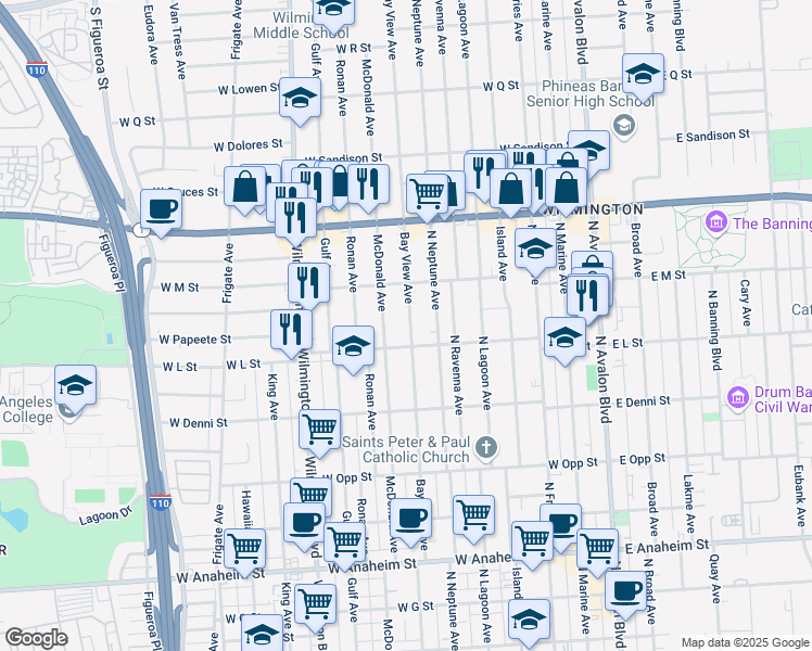 map of restaurants, bars, coffee shops, grocery stores, and more near 1225 Bay View Avenue in Los Angeles