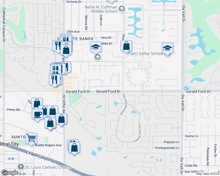 map of restaurants, bars, coffee shops, grocery stores, and more near 69411 Camino Bonita in Cathedral City