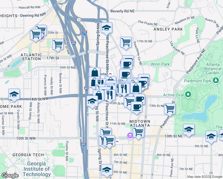 map of restaurants, bars, coffee shops, grocery stores, and more near 1197 Georgia 9 in Atlanta