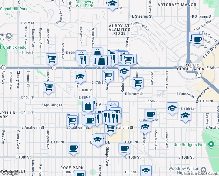 map of restaurants, bars, coffee shops, grocery stores, and more near 3214 East Wilton Street in Long Beach