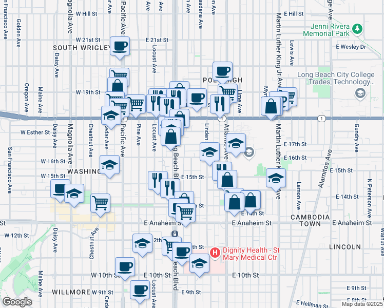 map of restaurants, bars, coffee shops, grocery stores, and more near 375 East 16th Street in Long Beach