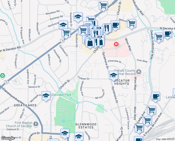 map of restaurants, bars, coffee shops, grocery stores, and more near 21 Old Decatur Circle in Decatur