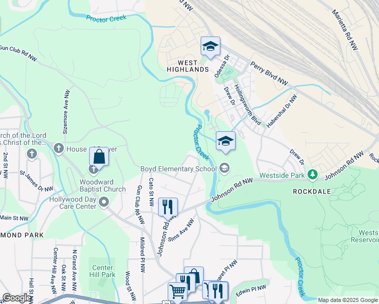 map of restaurants, bars, coffee shops, grocery stores, and more near 1981 Jones Avenue Northwest in Atlanta