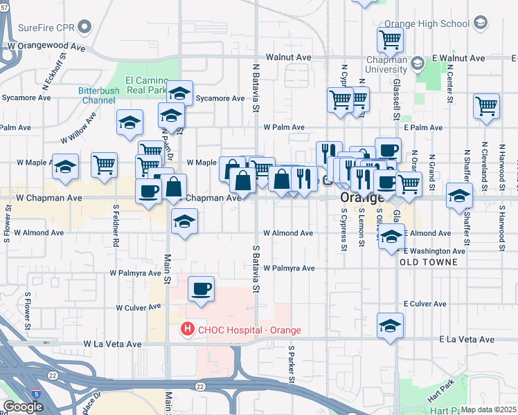 map of restaurants, bars, coffee shops, grocery stores, and more near 122 South Clark Street in Orange