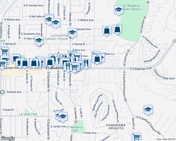 map of restaurants, bars, coffee shops, grocery stores, and more near 4750 East Chapman Avenue in Orange