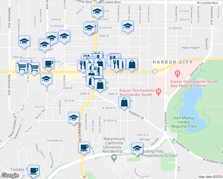map of restaurants, bars, coffee shops, grocery stores, and more near 1626 259th Place in Los Angeles