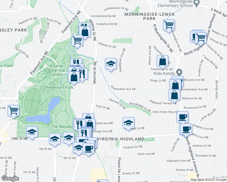 map of restaurants, bars, coffee shops, grocery stores, and more near 691 Amsterdam Avenue Northeast in Atlanta