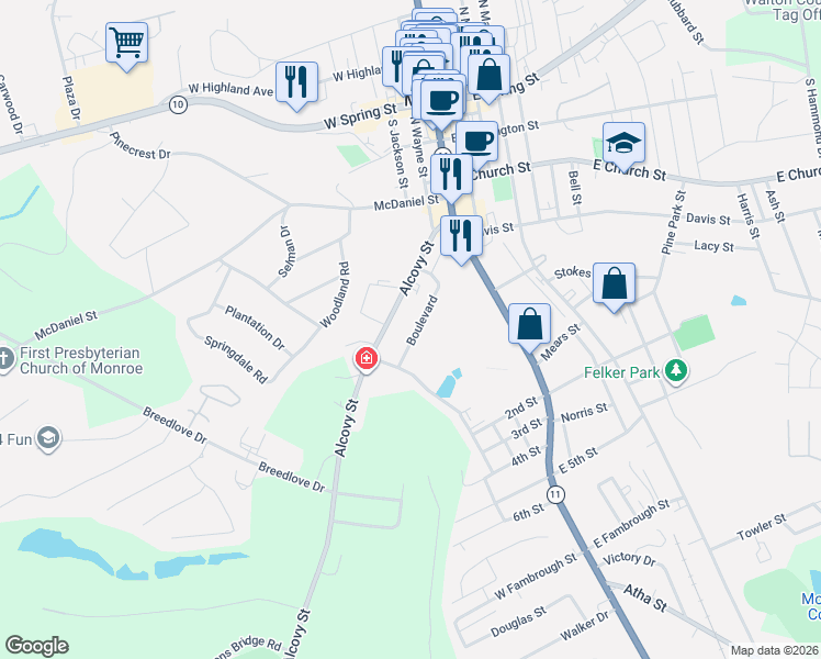 map of restaurants, bars, coffee shops, grocery stores, and more near 235 Boulevard in Monroe