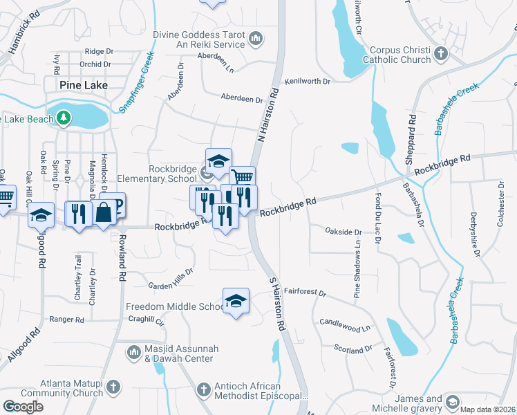 map of restaurants, bars, coffee shops, grocery stores, and more near 405 North Hairston Road in Stone Mountain