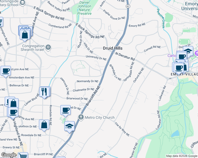 map of restaurants, bars, coffee shops, grocery stores, and more near 1188 Briarcliff Road Northeast in Atlanta