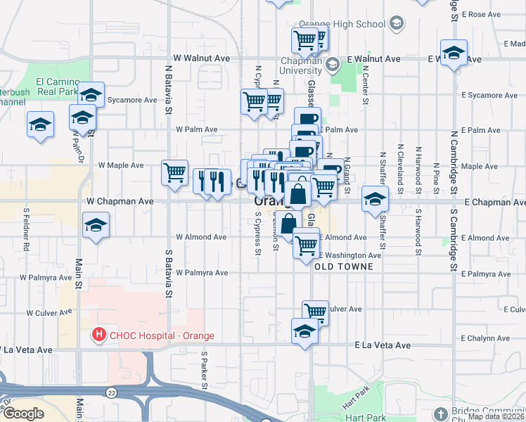 map of restaurants, bars, coffee shops, grocery stores, and more near 125 South Cypress Street in Orange