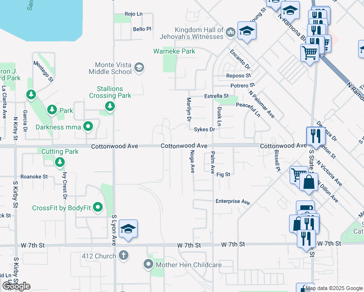 map of restaurants, bars, coffee shops, grocery stores, and more near 38639 Cottonwood Avenue in San Jacinto