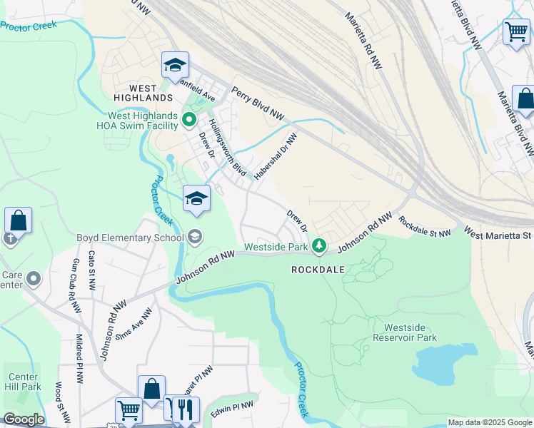 map of restaurants, bars, coffee shops, grocery stores, and more near 1575 Habershal Road Northwest in Atlanta