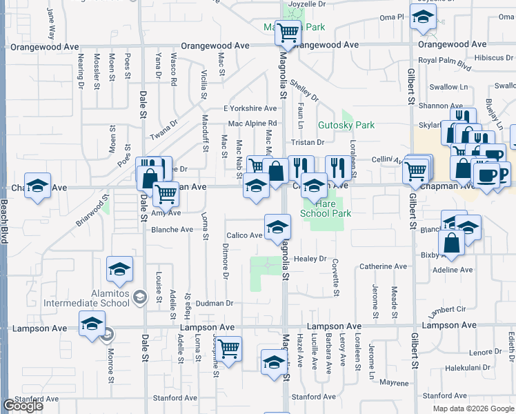 map of restaurants, bars, coffee shops, grocery stores, and more near 12081 Magnolia Street in Garden Grove