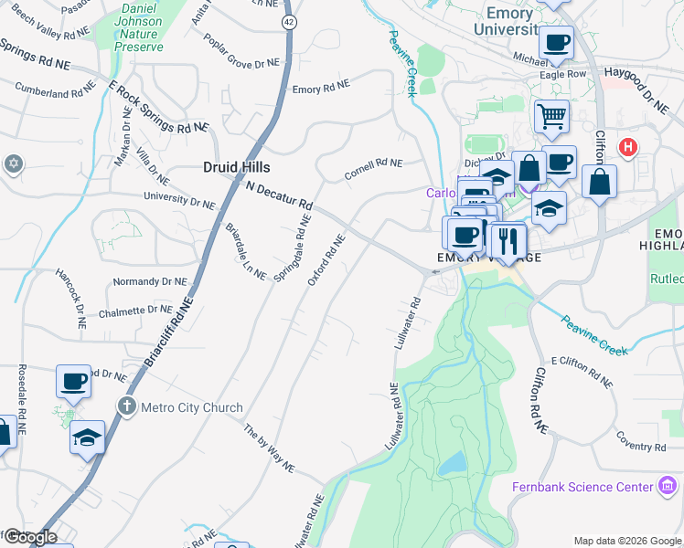 map of restaurants, bars, coffee shops, grocery stores, and more near 1192 Oakdale Road Northeast in Atlanta