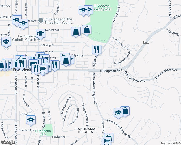 map of restaurants, bars, coffee shops, grocery stores, and more near 5334 East Chapman Avenue in Orange