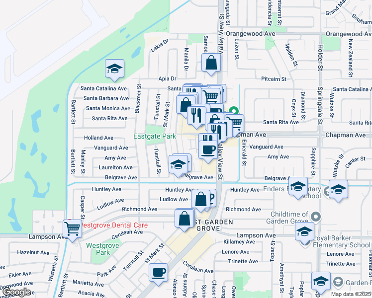 map of restaurants, bars, coffee shops, grocery stores, and more near 12035 Stonegate Lane in Garden Grove