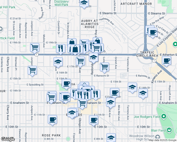 map of restaurants, bars, coffee shops, grocery stores, and more near 3316 East Wilton Street in Long Beach