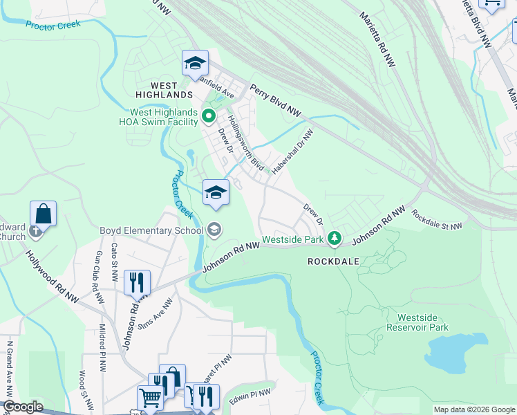 map of restaurants, bars, coffee shops, grocery stores, and more near 1560 Habershal Drive Northwest in Atlanta