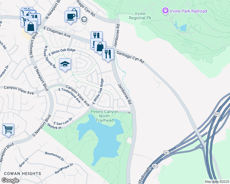 map of restaurants, bars, coffee shops, grocery stores, and more near 211 South Grisly Canyon Drive in Orange
