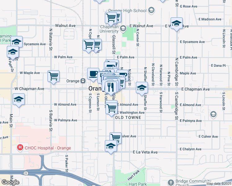 map of restaurants, bars, coffee shops, grocery stores, and more near 100 West Chapman Avenue in Orange