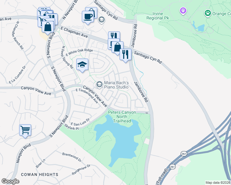 map of restaurants, bars, coffee shops, grocery stores, and more near 127 South Shadow Pines Road in Orange