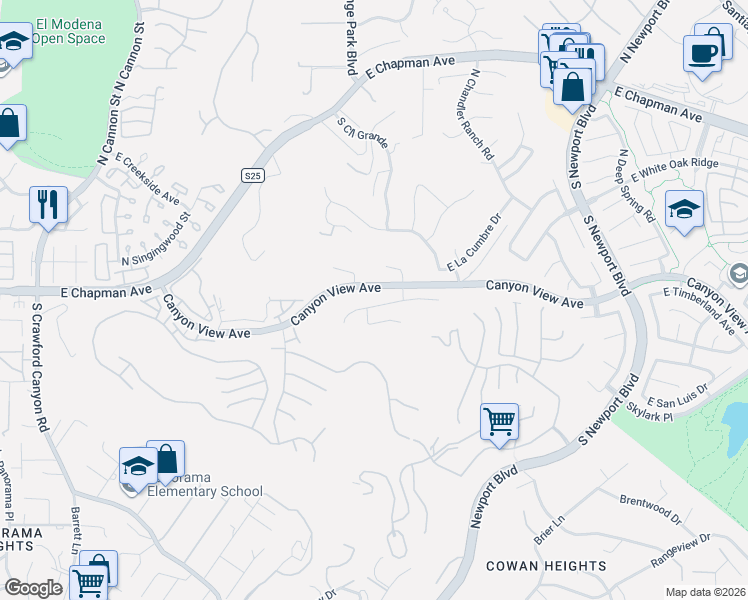 map of restaurants, bars, coffee shops, grocery stores, and more near 6735 East Pinnacle Pointe in Orange