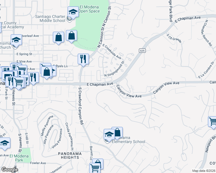 map of restaurants, bars, coffee shops, grocery stores, and more near 112 East Chapman Avenue in Orange