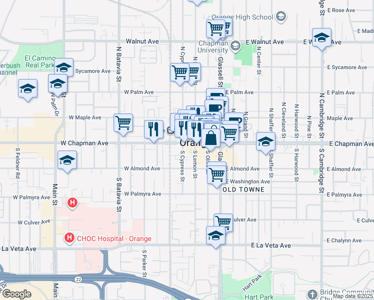map of restaurants, bars, coffee shops, grocery stores, and more near 128 South Cypress Street in Orange