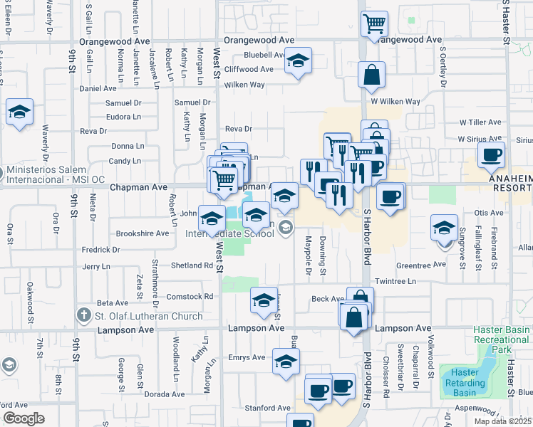 map of restaurants, bars, coffee shops, grocery stores, and more near 12162 Jentges Avenue in Garden Grove