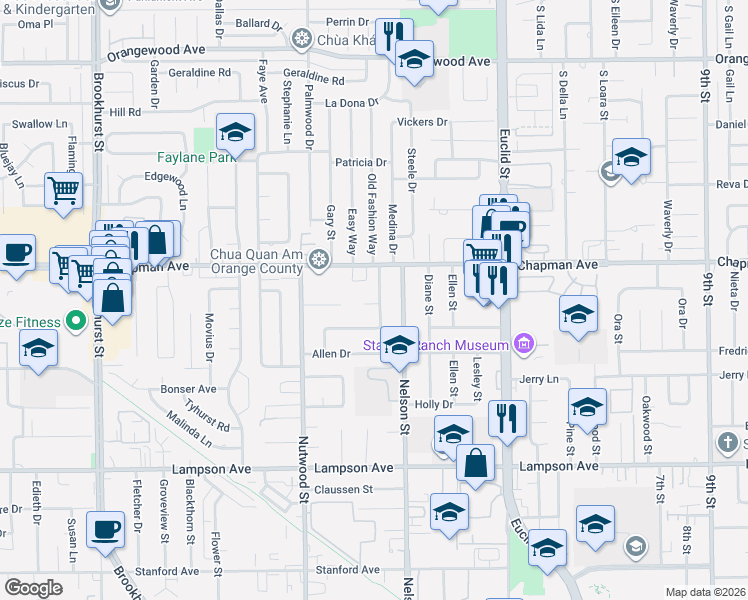 map of restaurants, bars, coffee shops, grocery stores, and more near 12072 Shady Acre Street in Garden Grove