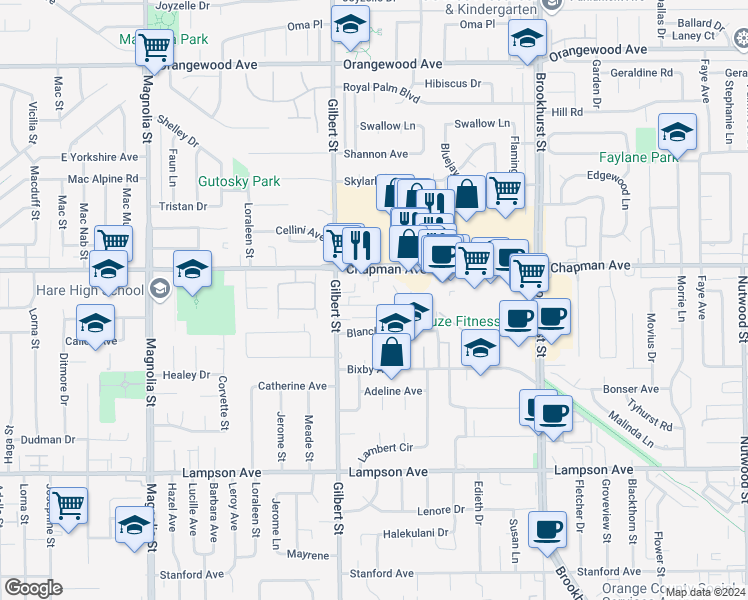 map of restaurants, bars, coffee shops, grocery stores, and more near 9581 Alwood Avenue in Garden Grove