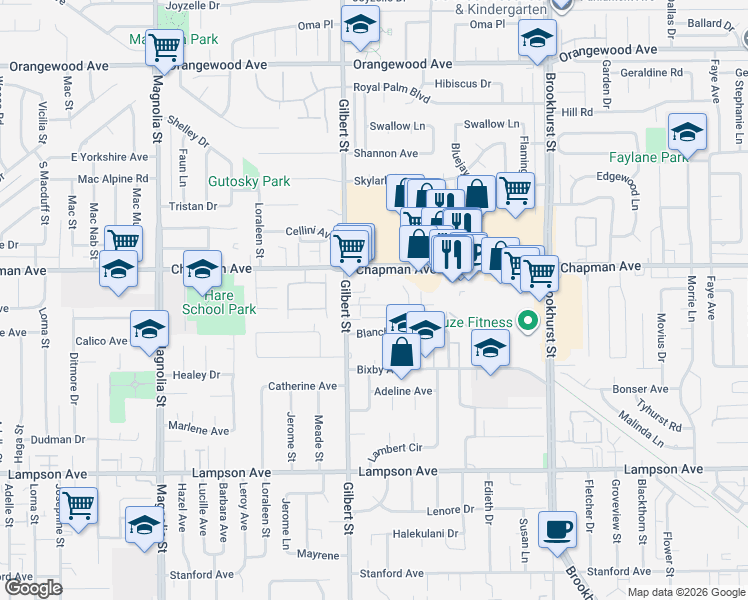 map of restaurants, bars, coffee shops, grocery stores, and more near 9581 Alwood Avenue in Garden Grove