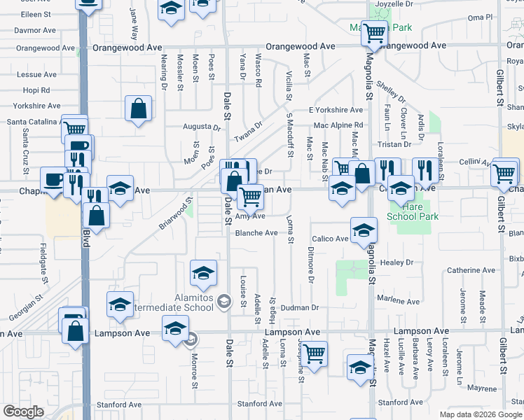 map of restaurants, bars, coffee shops, grocery stores, and more near 8581 Amy Avenue in Garden Grove