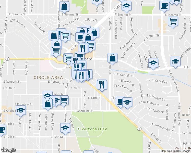 map of restaurants, bars, coffee shops, grocery stores, and more near 1611 Gish Avenue in Long Beach