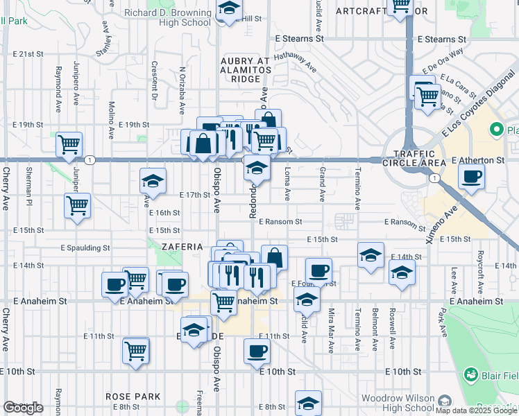 map of restaurants, bars, coffee shops, grocery stores, and more near 1650 Redondo Avenue in Long Beach