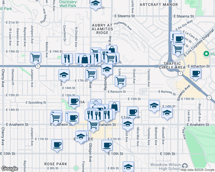 map of restaurants, bars, coffee shops, grocery stores, and more near 1650 Redondo Avenue in Long Beach