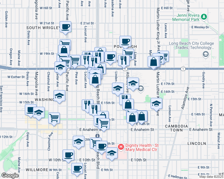 map of restaurants, bars, coffee shops, grocery stores, and more near 375 East 16th Street in Long Beach