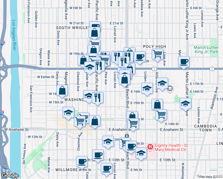 map of restaurants, bars, coffee shops, grocery stores, and more near 1604 Locust Avenue in Long Beach
