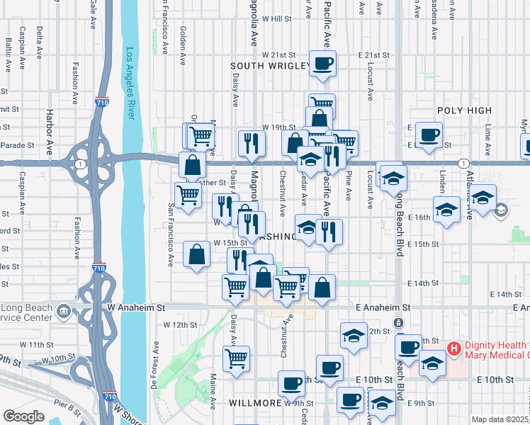 map of restaurants, bars, coffee shops, grocery stores, and more near 1615 Chestnut Avenue in Long Beach