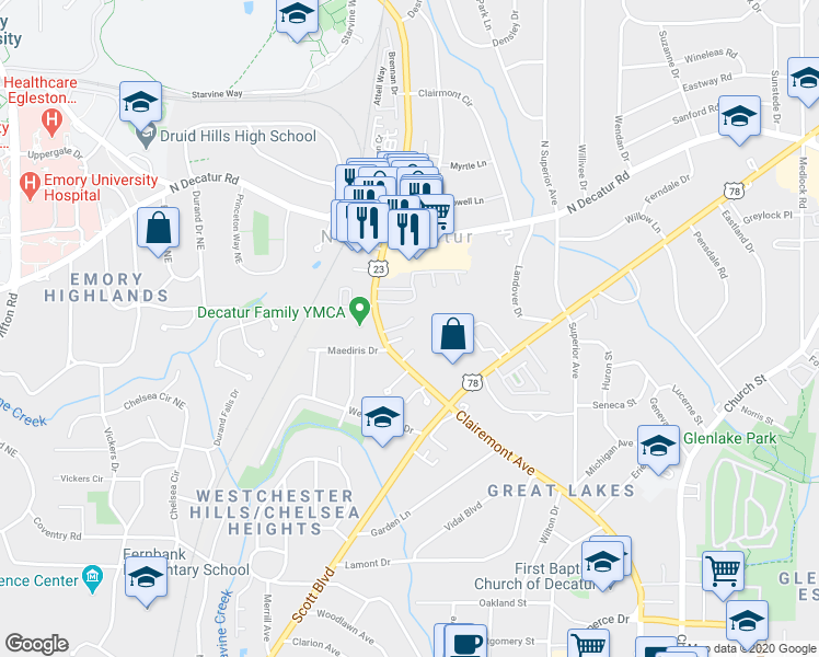 map of restaurants, bars, coffee shops, grocery stores, and more near 1115 Clairemont Avenue in Decatur