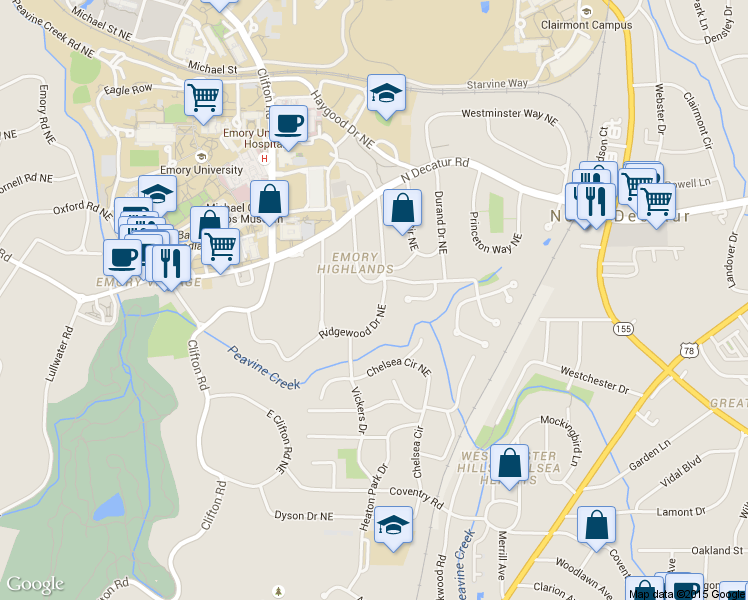 map of restaurants, bars, coffee shops, grocery stores, and more near 1818 Ridgewood Drive Northeast in Atlanta
